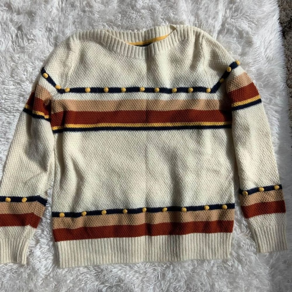 Cream Striped Crewneck Sweater with Rust & Navy Accents